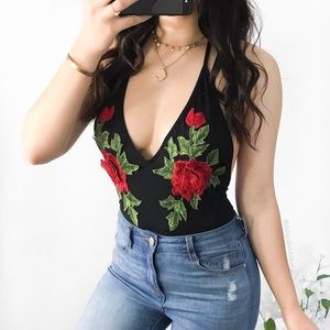 Rose embroidered body suit